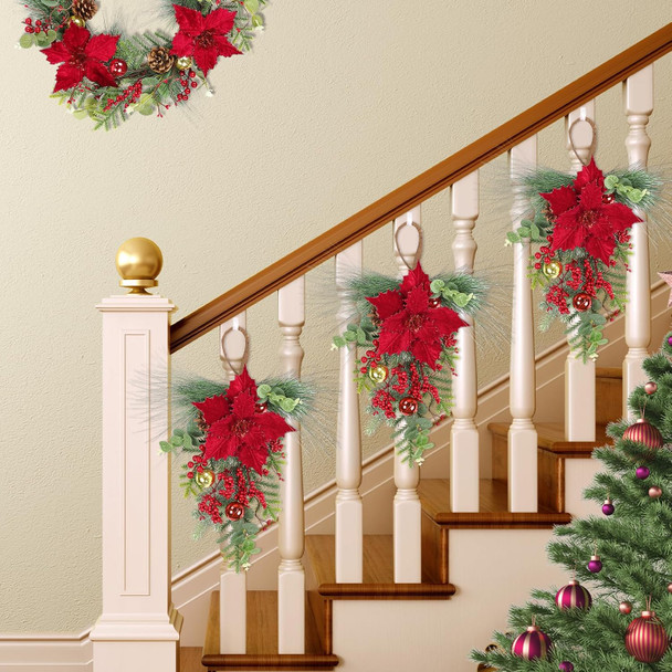 SHACOS 2Pcs Christmas Teardrop Swags with Red Poinsettia Berries, 20inch Artificial Norfolk Greenery Cedar Pine Needle Eucalyptus Xmas Balls Pine Cones Xmas Door Swag Wreath for Front Door Fireplace