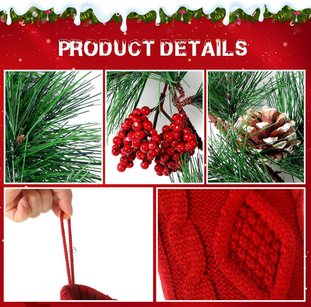 Shappy 6 Pc 18" Christmas Stockings with Artificial Pine Branches Garland 6.56 Ft Knit Christmas Stocking with Red Berries Pine Cones for Family Home Xmas Party Decorations