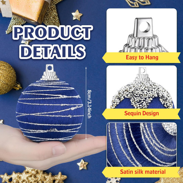 Shappy 12 Pcs Christmas Balls Silk Satin Luxury Christmas Tree Ornaments Vintage Hanging Christmas Decor for Xmas Home Decorations Holiday Wedding Party Garland Wreath, 3.15 Inch(Navy Blue)