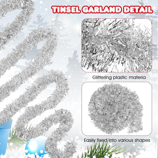 Shappy 196.8 Feet 6 Rolls Christmas Tinsel Garland Glitter Metallic Twist Garland for Xmas Tree Wedding Birthday Party Supplies Hanging Decorations(Silver)
