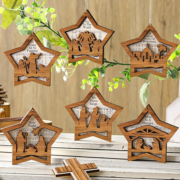 Shellwei 12 Pcs Vintage Nativity Christmas Ornaments Musical Jesus Birth Nativity Scene Wooden Ornaments Nativity Ornaments Decorations for Christmas Tree Religious s Holiday Party