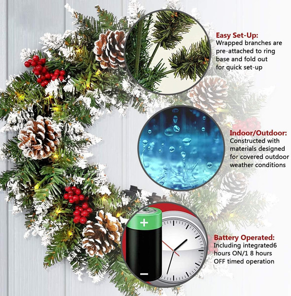 Christmas Wreath for Front Door, Pre-lit Christmas Winter Home Adornment Wreath with 50 Lights and Mixed Decorations for Front Door Indoor Window Wall Décor (18 inch - Battery Not Included)