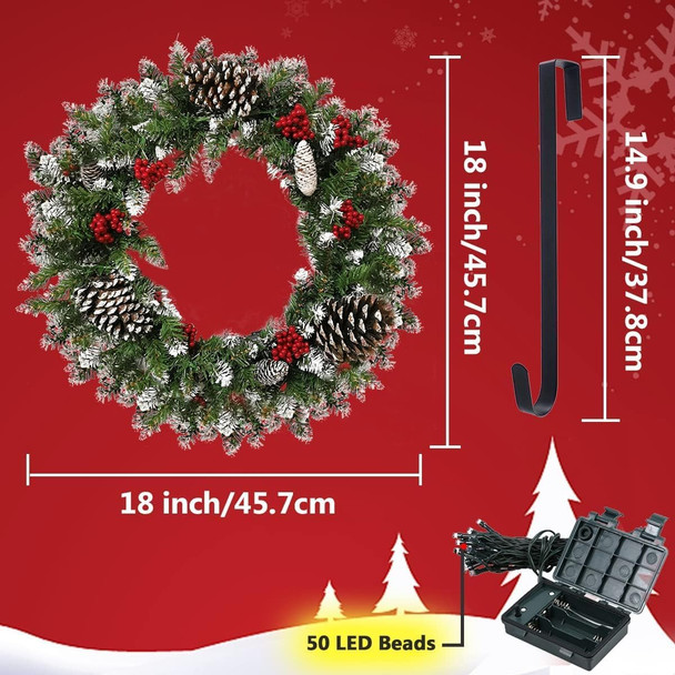 Christmas Wreath Garland for Front Door, Pre-lit Artificial Xmas Garland with 50 LEDs Lights Battery Operated - Snowflake Red Berry Pinecone Fir Garland Come with Hook(18 Inch)