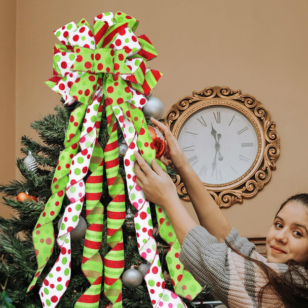 Large 45"x13" Christmas Tree Topper Bow, Green Tree Topper Christmas Decoration, Red & Green Polka Dot Polyester Ribbon Bow for Christmas, Xmas Ornament Holiday Home Indoor/Outdoor