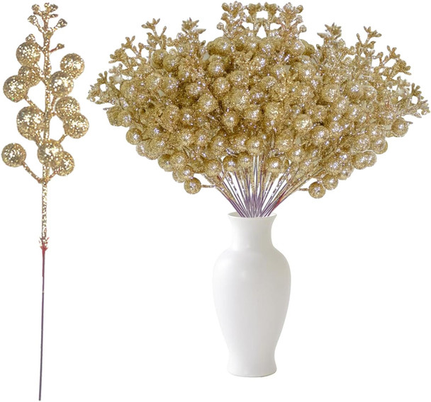 24 Pieces Christmas Glitter Berries Stems Artificial Berry Twig Stem Berry Picks Decorations for Christmas Ornaments, DIY Xmas Wreath Holly Berry Holiday and Party Decor (Champagne)