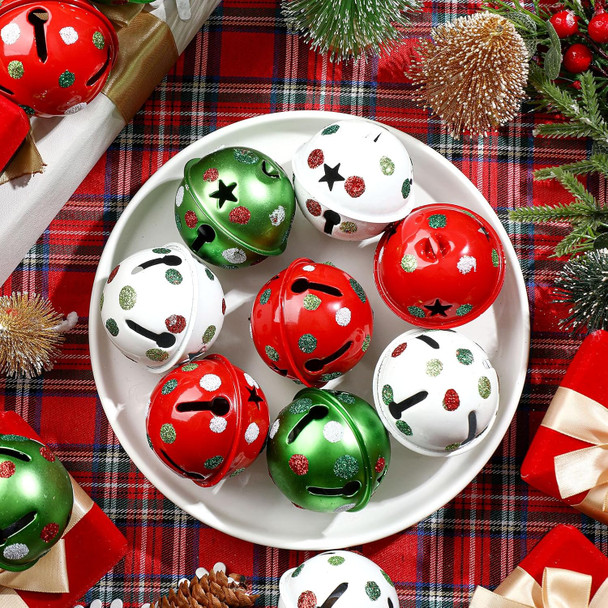 12 Pcs Large Christmas Jingle Bells with Ribbon 2.4 Inch Metal Cutout Craft Bells Lime Green Glitter Dot Red Green Christmas Tree Ornaments Xmas Hanging Decor for Holiday Wreath Garland DIY Decor