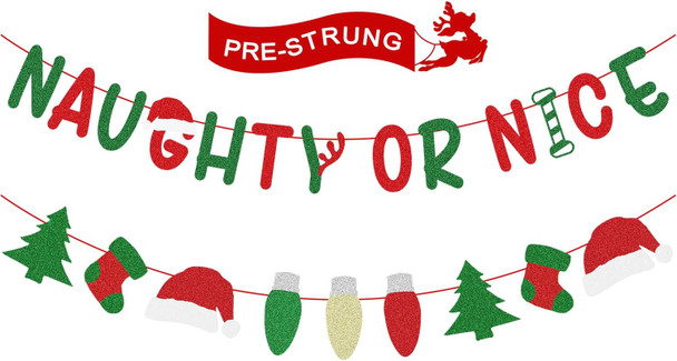 Christmas Decorations - Naughty Or Nice Banner, Christmas Garland with Christmas Stockings, Christmas Hat for Christmas Decor, Christmas Decorations Indoor, Christmas Party Decorations