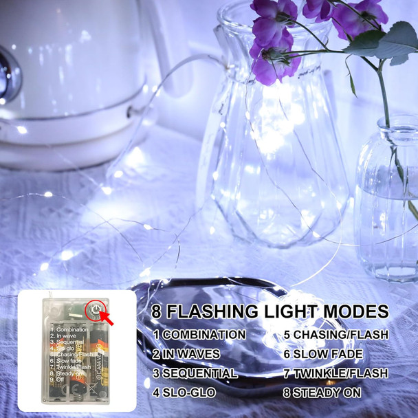 White Fairy Lights Battery Operated (Included), 8 Modes & Auto Timer, 16FT 50Led Mini Twinkle Silver Wire Firefly Starry Lights, Waterproof Battery Operated Lights for Mason Jars Bedroom