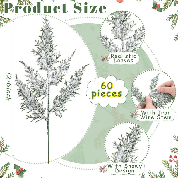 60 Pcs Christmas Artificial Faux Cedar Branches 12.6 Inch Artificial Green Cedar Sprigs Artificial Pine Branches Faux Cedar Garland Christmas Picks for Xmas Holiday Wedding Home Wreath (Snowy)