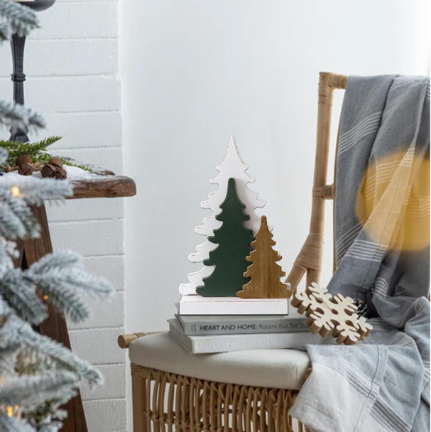 Farmhouse Tabletop Christmas Tree Decorations 10 Inch, Distressed White and Green Rustic Small Wooden Christmas Trees for Entryway Living Room Bedroom, Halloween Tables Centerpieces