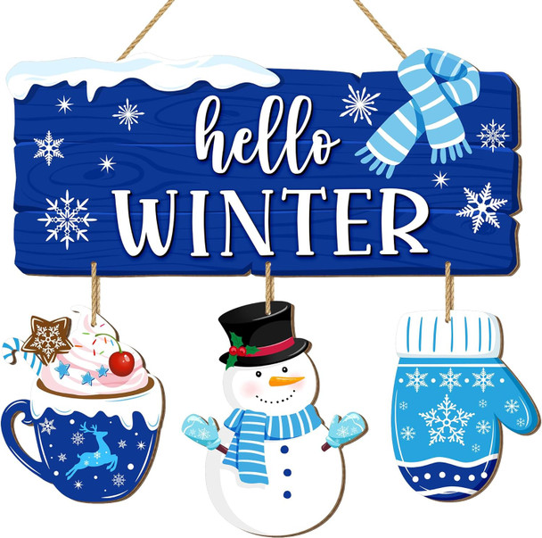 Christmas Hello Winter Door Sign, Winter Snowman Wooden Hanging Sign, Welcome Xmas Wall Decor Blue Gloves Scarf Snowflakes Rustic Winter Wreath for Holiday Indoor Outdoor Home Decor