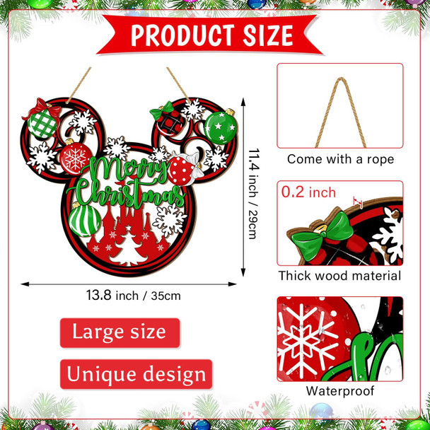 Christmas Mouse Door Sign Decorations, Merry Christmas Wooden Door Hanging Sign Snowflakes Wreath Ornaments for Front Door Decor Christmas Ball Mouse Shaped Winter Wall Xmas Party Holiday Supplies
