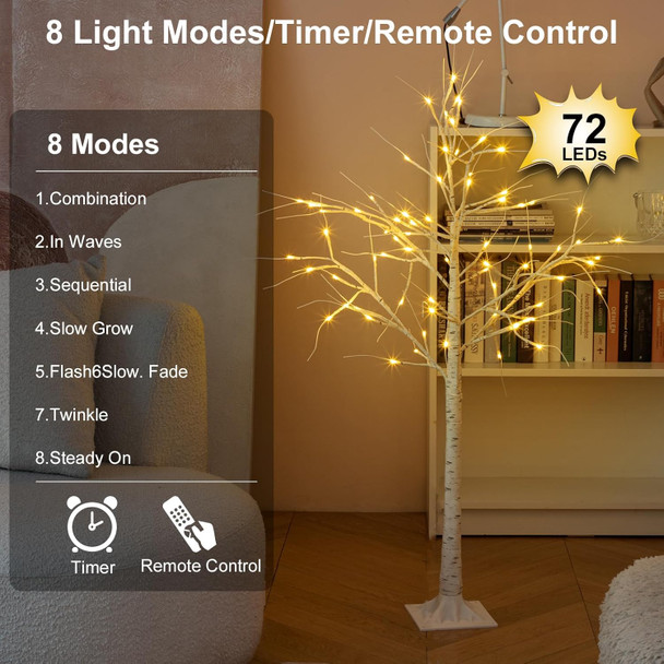 Lighted Birch Tree with 72 LED Warm White Light Up Tree Battery Birch Tree Artificial Tree Lamp for Centerpiece Mantel Christmas Decorations 8 Lighting Modes Remote Control (4FT)