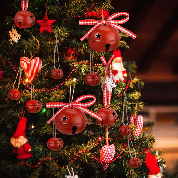 50 Pieces Bell with Star Cutout Metal Sleigh Bell Rustic Christmas Xmas Tree Ornaments Assorted Size with Hanging Ribbon and Rope for Holiday Wreath Garland Craft Decorations (Dark Red Bells)