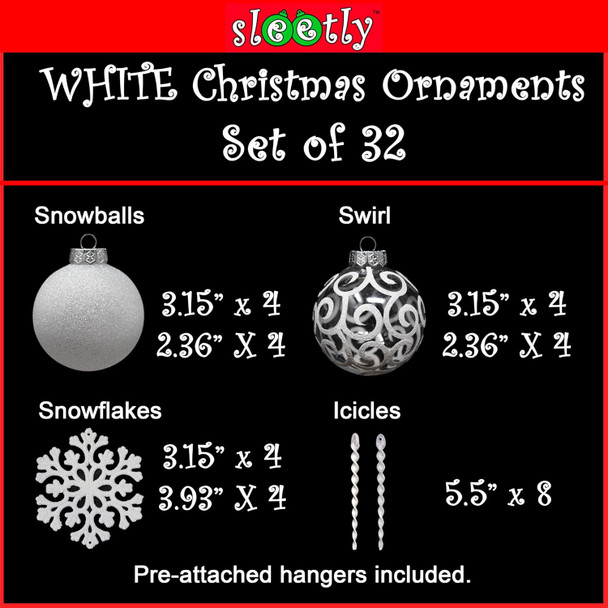 SLEETLY 32pk Christmas Ornaments for Tree Holiday Xmas Decorations, Shatterproof Plastic 3.15/2.36 Inch Glitter Balls, Icicles and Snowflakes Set, White SLEETLY 32pk Christmas Ornaments for Tree Holiday Xmas Decorations, Shatterproof Plastic 3.15/2.36 Inch Glitter Balls, Icicles and Snowflakes Set, White
