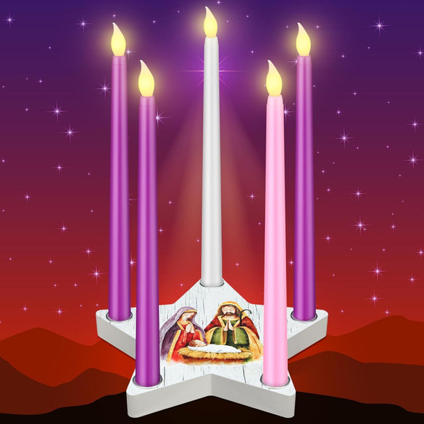 Sliner Christmas Advent Candle Holder Nativity Scene Christmas Candle Holder Set 1 Star Shape Wooden Advent Wreath Candlestick Holders and Candles Rustic Mantle Holiday Table Decoration (Novelty)