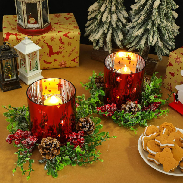Sliner 4 Pcs Christmas Glass Candle Holders 4.7 inch Glass Xmas Candle Holder, 2 Pcs Votive Candle Berry Ring with Pinecones and 2 Pcs Christmas Candle Holders Decorative for Table Centerpieces Decor
