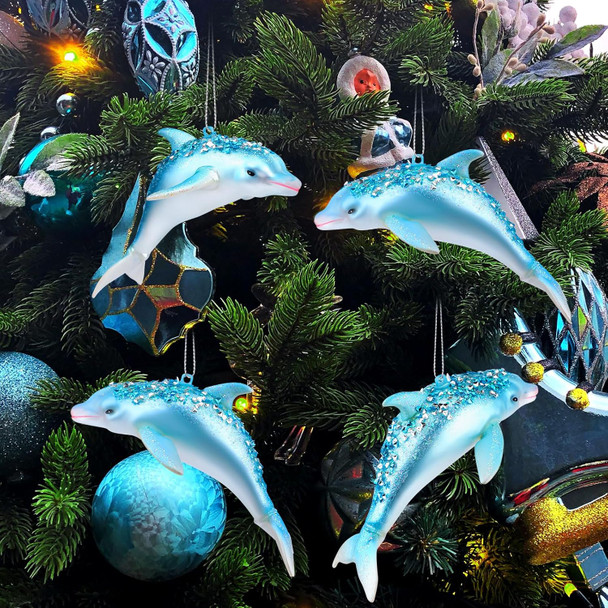 Sliner 4 Pcs Ocean Themed Christmas Tree Decorations Beach Christmas Dolphins Ornaments Glass Hand Blown Xmas Tree Dolphin Hanging Ornament Glitter Blue Dolphin Decor for Christmas Ocean Sea Party