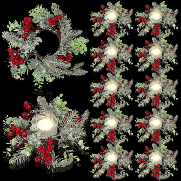 Sliner 6 Pcs Christmas Candle Rings Wreaths Decor Artificial Red Berries Snowy Pine Needles Candle Wreaths Hanging Garland Wreath Candle Holder for Pillars Kitchen Cabinet Home Table Centerpiece