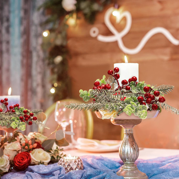 Sliner 6 Pcs Christmas Candle Rings Wreaths Decor Artificial Red Berries Snowy Pine Needles Candle Wreaths Hanging Garland Wreath Candle Holder for Pillars Kitchen Cabinet Home Table Centerpiece