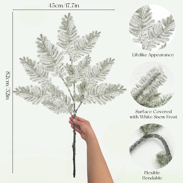 SNAIL GARDEN 33"/82CM Large Snowy Artificial Pine Branches, Pine Needle Branch with Realistic Snow Velvet Cotton,Fake Pine Tree Branches with Long Stem, Christmas Tree Filler for DIY Home Decor