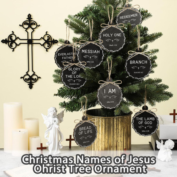 Soaoo 48 Pcs Names of Jesus Ornaments 8 cm / 3.15 inch Christmas Religious Ornaments Nativity Christ Ornaments Bulk Christmas Wood Hanging Decoration with Savior Names Ropes for Tree Home Decor