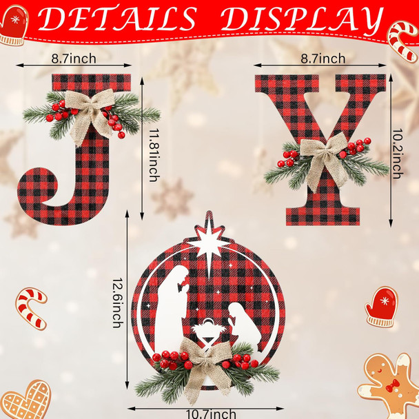 Soaoo 1 Set of 3 Pcs Christmas Joy Sign Buffalo Plaid Christmas Wreaths Rustic Burlap Wooden Hanging Front Door Decorations for Xmas Home Outdoor Window Indoor Porch Holiday Wall Decor Party Supplies