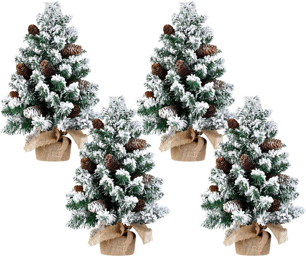 Soaoo 4 Pcs Mini Artificial Snowy Christmas Tree Christmas Table Centerpieces Small Snow Flocked Pine Cone Xmas Tree with Burlap Base for Christmas Holiday Party Tabletop Home Decor, 22 Inch