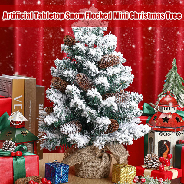 Soaoo 4 Pcs Mini Artificial Snowy Christmas Tree Christmas Table Centerpieces Small Snow Flocked Pine Cone Xmas Tree with Burlap Base for Christmas Holiday Party Tabletop Home Decor, 22 Inch