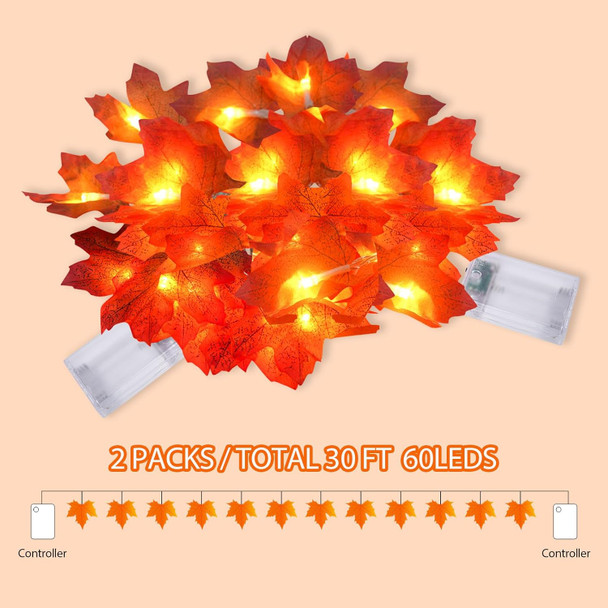 2 Pack Maple Leaf Lights, Thanksgiving Decorations for Home, Leaves Garland with Lights, Total 30Ft 60LED Fall Leaf Decor String Lights, Thanksgiving Christmas Halloween Decorations Indoor Outdoor