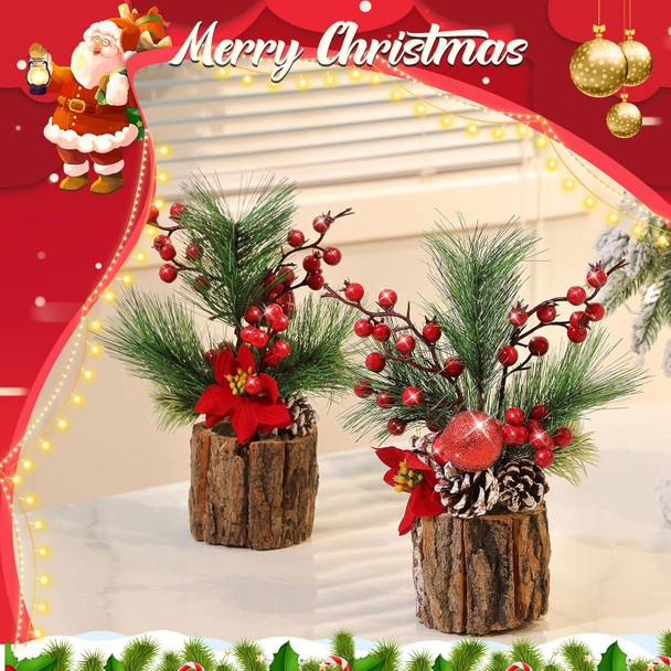 3 Pcs 11 Inch Christmas Tree Tabletop Artificial Mini Christmas Tree Decorations with Holiday Ornaments Pine Cone Red Berry Farmhouse Xmas Tree for Fireplace Home Indoor Decor(Poinsettia)