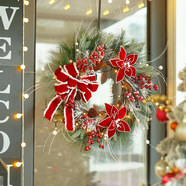 Christmas Wreath for Front Door, Large Winter Wreaths with Lights, Berries, Christmas Poinsettia and Velvet Bow, for Wall Windows Mantle Outdoor Christmas Decoration