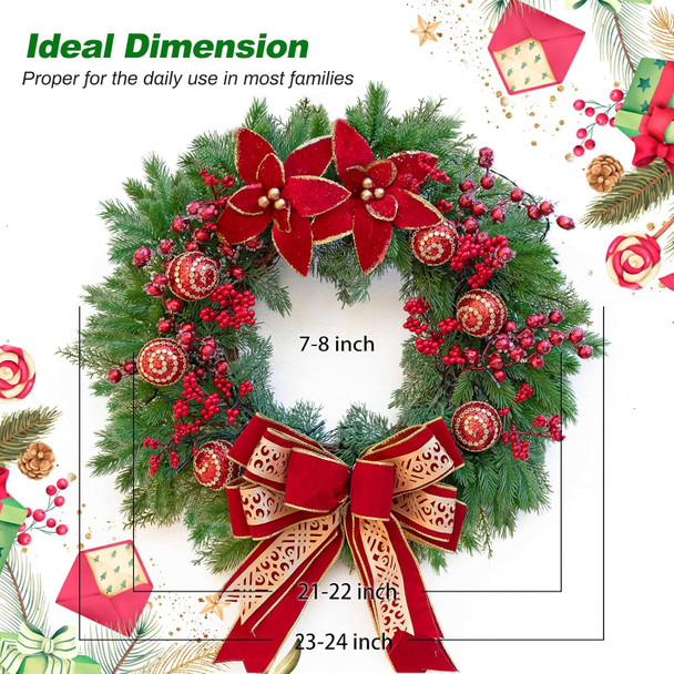 Christmas Wreaths for Front Door, Soomeir Winter Wreath with Large Red Bow, Red Berries and Christmas Balls, for Wall Windows Mantle Outdoor Christmas Decoration
