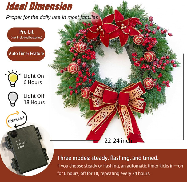 Christmas Wreaths for Front Door, Soomeir Winter Wreath with Large Red Bow, Red Berries and Christmas Balls, for Wall Windows Mantle Outdoor Christmas Decoration
