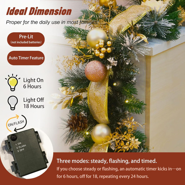 9FT Christmas Garland with Lights (Pre-Lit), Soomeir Artificial Christmas Decorations Decor, Champagne, Pine Cones, Ribbon, 80 Lights with Timer, for Indoor Outdoor Xmas Snow (Gold)