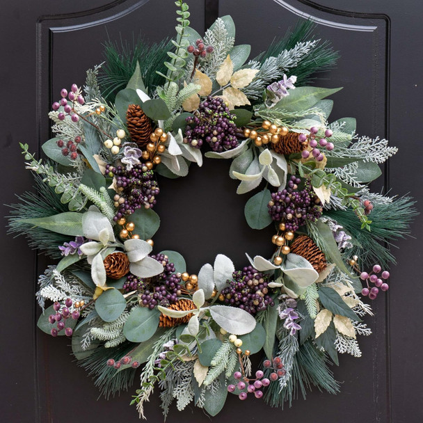 Christmas Wreath for Front Door, Soomeir Artificial Winter Wreaths with Snow Leaves, Pine Needles and Blueberry Berries, for Home Window Indoor Outdoor Decor Decorations