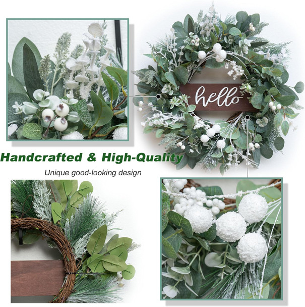 Winter Christmas Wreaths Front Door Decoration, Soomeir Artificial Wreath with Snow Leaves, Pines Needles and Hello Wooden Sign for Home Window Mantle Indoor Outdoor Decor