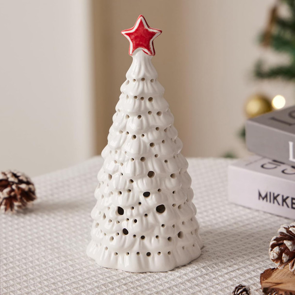Christmas Decorations, Ceramic Christmas Tree, 8" Small Christmas Tree with Lights for Table Top, Mantle, Holiday Christmas Decor (White)