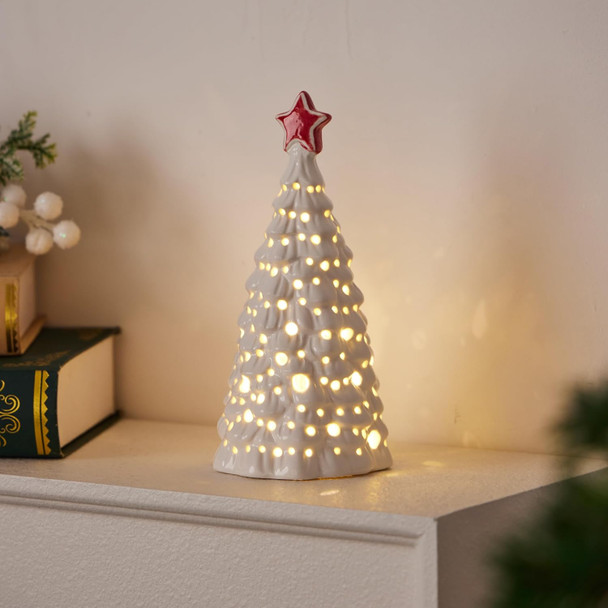 Christmas Decorations, Ceramic Christmas Tree, 8" Small Christmas Tree with Lights for Table Top, Mantle, Holiday Christmas Decor (White)