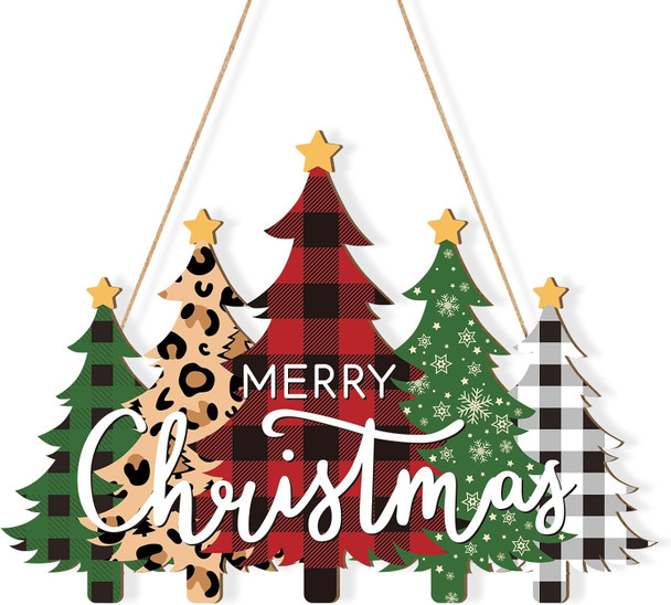 Wooden Christmas Tree Door Wreath for Front Door Sign Wall Signs Christmas Decoration, Merry Christmas Sign Black White Buffalo Plaid Welcome Hanging for Home Wall Decor Xmas Party Outdoor indoor Supply
