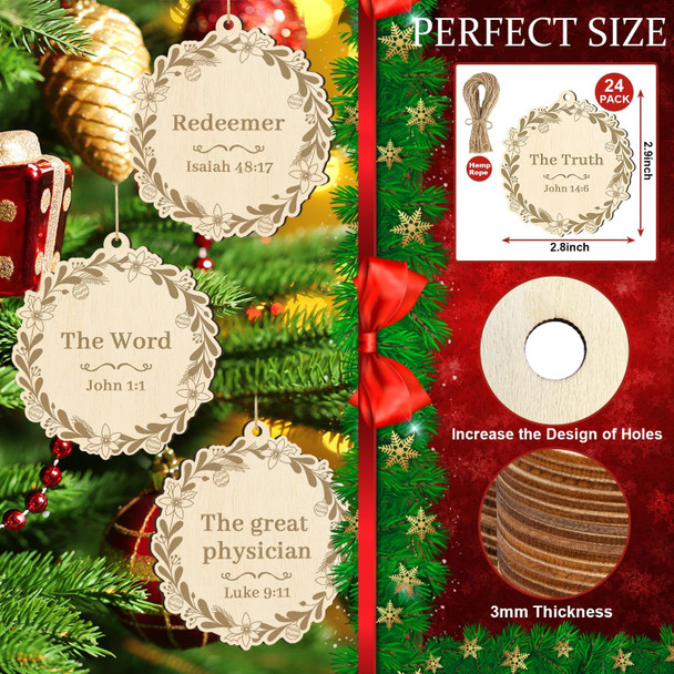 24 Pieces Names of Jesus Christ Ornaments Christmas Decorations Wood Ornaments Cutouts Christian Nativity Ornaments for Christmas Tree(Garland Wreath Flowers)