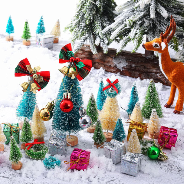 67 Pcs Miniature Sisal Frosted Christmas Trees Snowflake Bottle Brush Trees with Wood Base Mini Artificial Christmas Trees Set Tiny Christmas Balls Box Wreath for Christmas Home DIY Decor Crafts