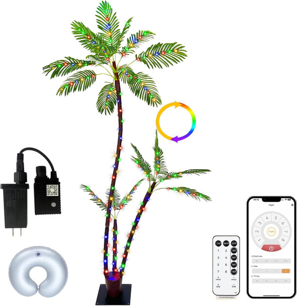 6FT Lighted Artificial Palm Tree with Three Trunks and 260 LED Lights with Remote Control and App Waterproof for Tiki Bars, Patios,Beaches,Yards Pool, Cruise Party-Warm White to Multicolor
