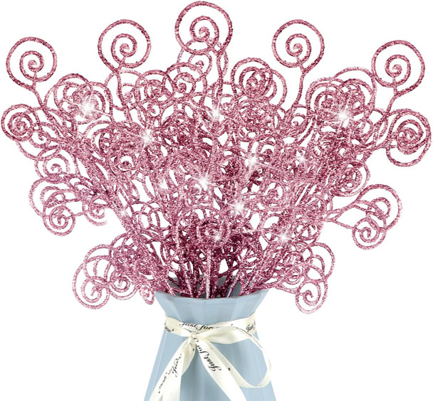 16 Pieces Christmas Tree Picks and Sprays Artificial Glitter Stems Decorative Candy Shape Curly Twigs for Xmas Tree Vase Filler Wreath Making Supplies Holiday Party Home Decor (Pink, 16)