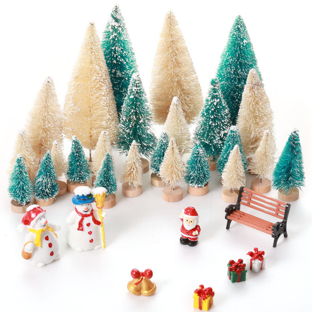 36 Pcs Christmas Miniature Village Accessories Set Mini Christmas Trees Bottle Brush Trees Decoration with Miniature Snowmen Santa Claus Garden Bench Street Lamps DIY Craft Ornaments for Kids Adults