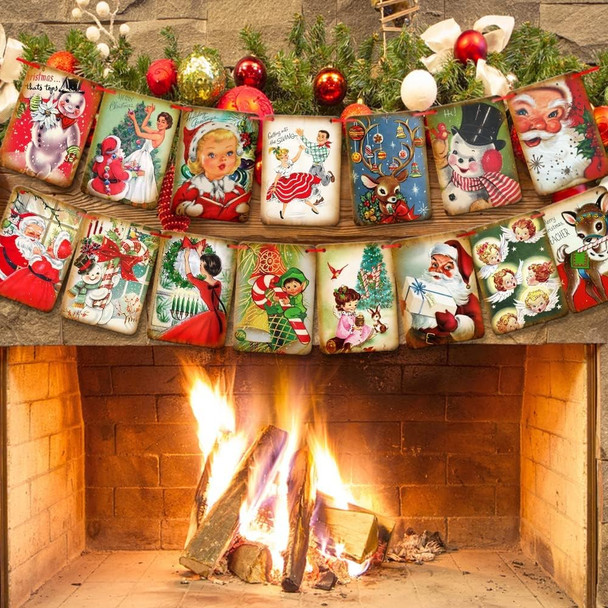 Christmas Decorations Vintage Style Christmas Banner,Traditional Vintage Victorian Style Christmas Bunting, Vintage Style Santa Christmas Decorations Indoor for Home Office Party Fireplace Mantle