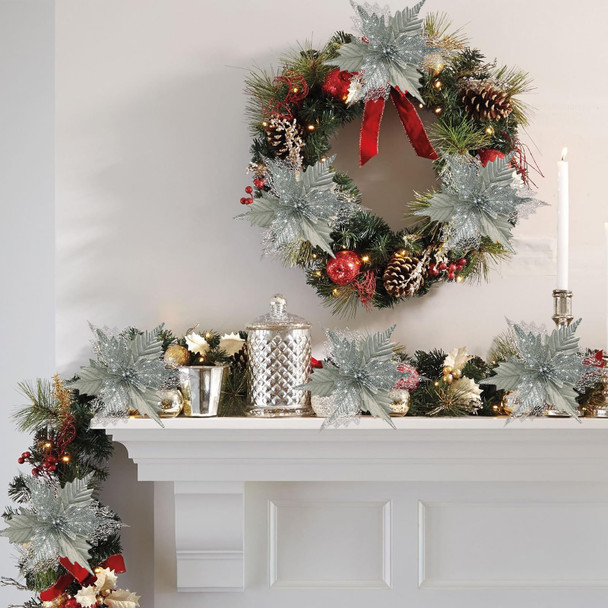 10'' Large Christmas Glitter Poinsettia Flowers Decorations, 10 Pcs Christmas Tree Picks Ornaments Artificial Flowers with Long Stems for Xmas Tree Wreath Garland Wedding Party DIY Holiday Decor