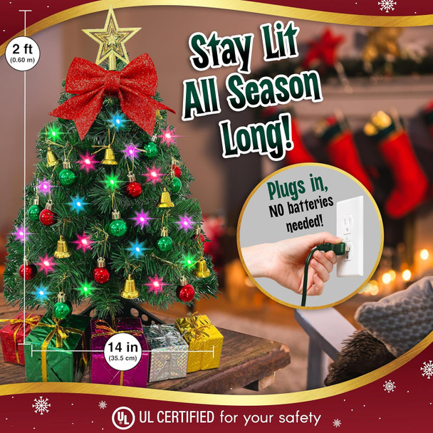 Small Christmas Tree with Lights - 23 Inch Mini Tabletop Christmas Tree with Multi-Color LED Lights, Hanging Ornaments, Decorative Bow and Boxes - Prelit Table Tree for DIY Christmas Decoration