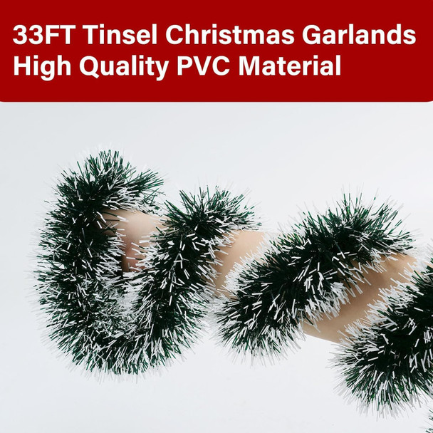 33FT Green Tinsel Christmas Garland Metallic Twist Shiny Garland for Christmas Tree Decorations, Xmas Holiday Hanging Garland for Home Indoor Outdoor Party Supplies Decor (Green, White)