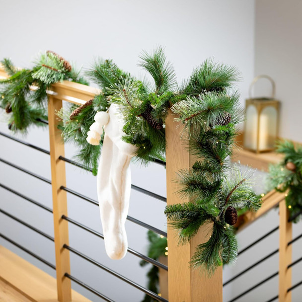 Sullivans 9' Prelit Christmas Garland, Christmas Decor, Garland Christmas Decorations, Artificial Pine Garland For Mantle with Lights, Pinecone Accents, Warm White Lights, Battery Timer, Holiday Decor